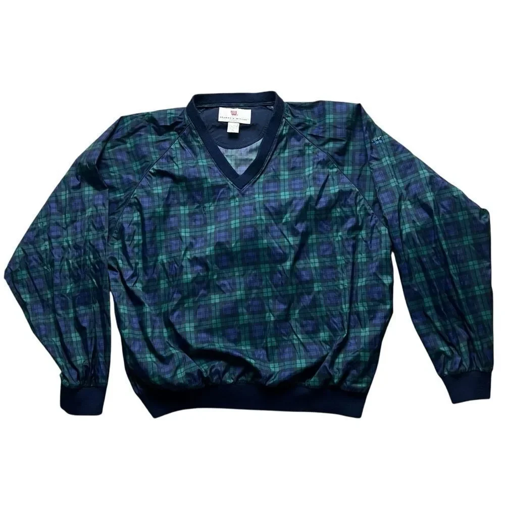 Vintage 90s Wilson Golf Windbreaker Blackwatch Plaid XL V Neck Pullover Jacket